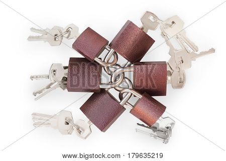 Small linked padlocks with keys. On white clipping path included. Security links tickler overuse and overcompliance theme
