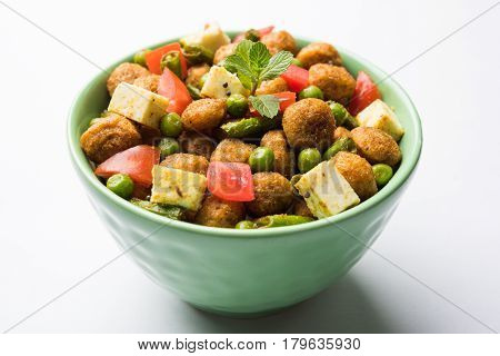 Soya chunks 65 or soya chunk fry is a healthy snack, easy to cook, protein rich, vegetarian dish ideal for starters. popular indian food. selective focus