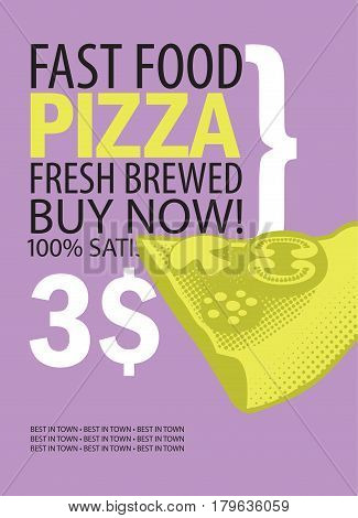 vector banner for fast food restaurant with slice of pizza on lilac background