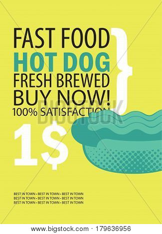 vector banner for fast food restaurant with hot dog and text on yellow background