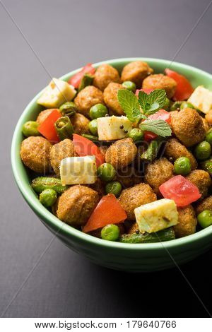Soya chunks 65 or soya chunk fry is a healthy snack, easy to cook, protein rich, vegetarian dish ideal for starters. popular indian food. selective focus