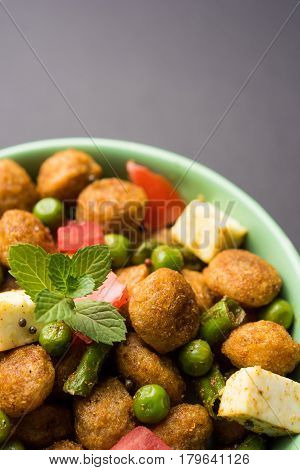 Soya chunks 65 or soya chunk fry is a healthy snack, easy to cook, protein rich, vegetarian dish ideal for starters. popular indian food. selective focus