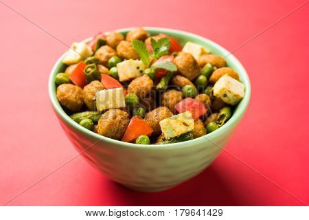 Soya chunks 65 or soya chunk fry is a healthy snack, easy to cook, protein rich, vegetarian dish ideal for starters. popular indian food. selective focus