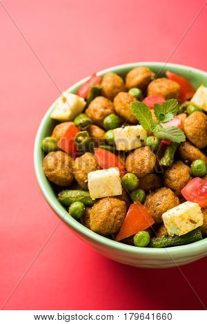 Soya chunks 65 or soya chunk fry is a healthy snack, easy to cook, protein rich, vegetarian dish ideal for starters. popular indian food. selective focus