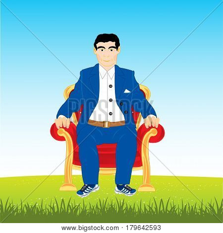 Man in suit sits in easy chair on year meadow