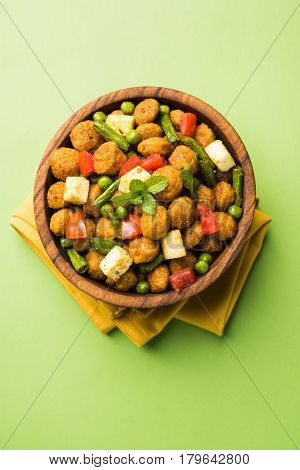 Soya chunks 65 or soya chunk fry is a healthy snack, easy to cook, protein rich, vegetarian dish ideal for starters. popular indian food. selective focus