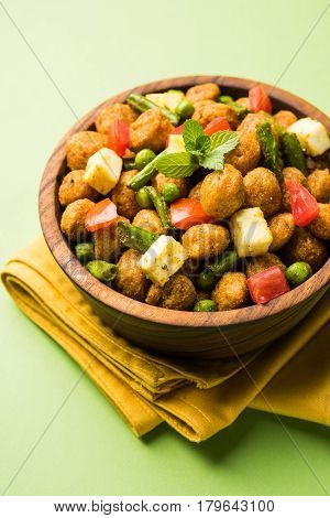 Soya chunks 65 or soya chunk fry is a healthy snack, easy to cook, protein rich, vegetarian dish ideal for starters. popular indian food. selective focus