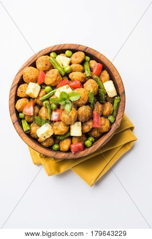 Soya chunks 65 or soya chunk fry is a healthy snack, easy to cook, protein rich, vegetarian dish ideal for starters. popular indian food. selective focus