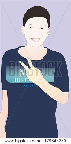 man hand up two finger, he is make symbol of peace