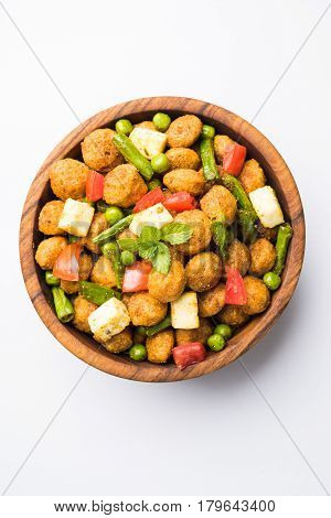 Soya chunks 65 or soya chunk fry is a healthy snack, easy to cook, protein rich, vegetarian dish ideal for starters. popular indian food. selective focus