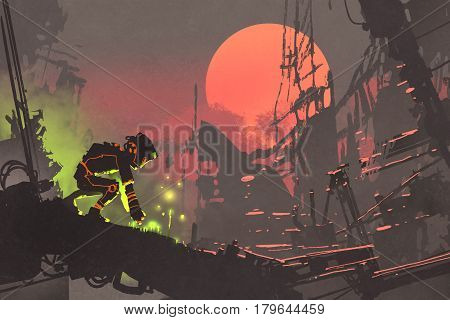 the robot planting seeds in the ruin city at sunset, illustration painting
