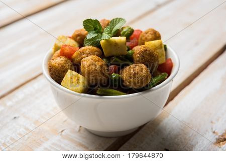 Soya chunks 65 or soya chunk fry is a healthy snack, easy to cook, protein rich, vegetarian dish ideal for starters. popular indian food. selective focus
