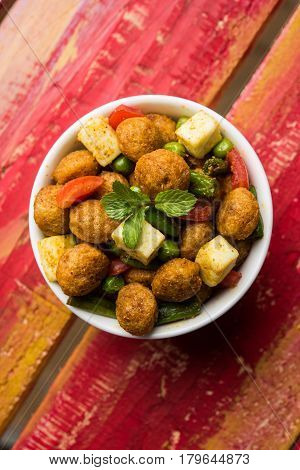 Soya chunks 65 or soya chunk fry is a healthy snack, easy to cook, protein rich, vegetarian dish ideal for starters. popular indian food. selective focus