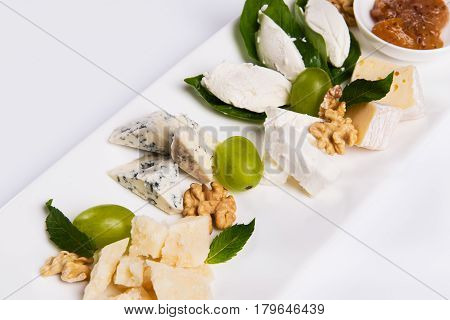 Various cheese type dish served luxery. Close-up, white background, isolated.