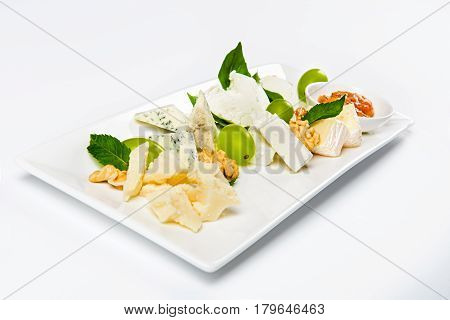 Various cheese type dish served luxery. Close-up, white background, isolated.