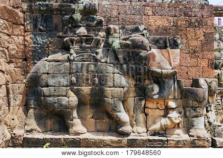 Stone Carving In Terrace Of The Elephants, Angkor Thom, Siemreap