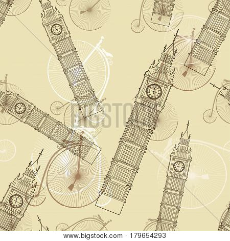 Big Ben vector contur. England or London icon with old vintage bicycles seamless pattern