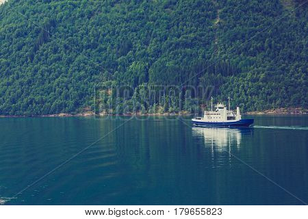 Ferry Boat Ship On Fjord In Norway