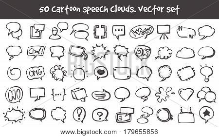 Vector doodle speech clouds icons set. Stock cartoon signs for design.