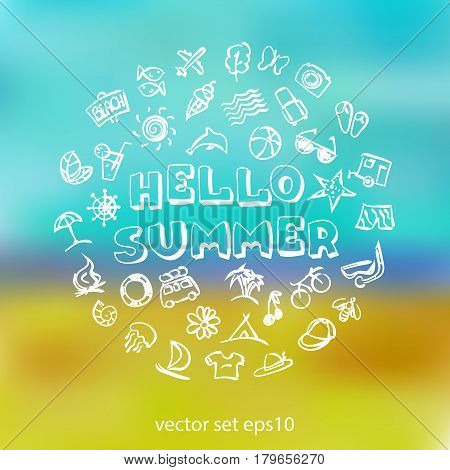 Vector doodle summer icons set. Stock cartoon signs for design.