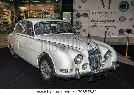 Moscow, Russia - April 02, 2017: White Jaguar S-type, 3,8 Litre, Great Britain 1965. Retro Car Exibi