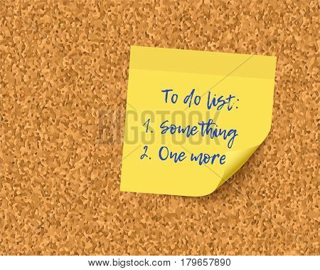 To do list on cork board background. Realistick vector post it paper with curl corner
