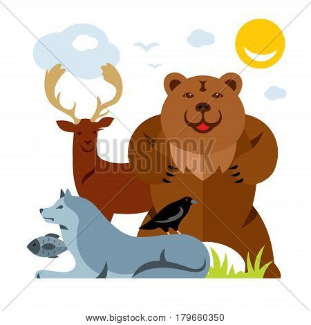 Deer, bear, wolf, crow, fish. Isolated on a white background