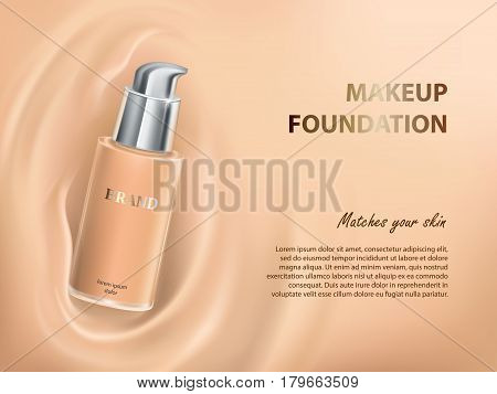 Vector 3D cosmetic illustration for the promotion of foundation premium product. Colorstay make-up in the elegant glass bottle