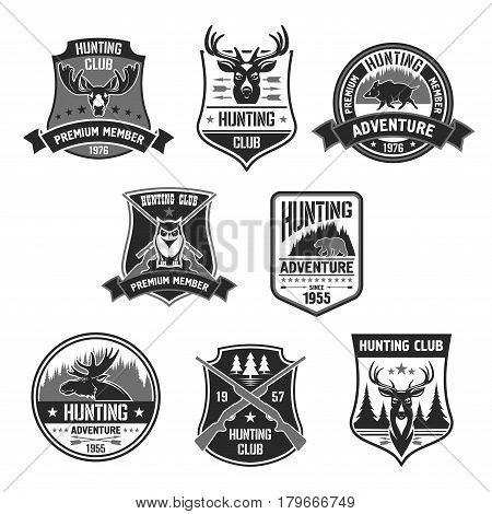 Hunting adventure or hunters club icons. Open season badges with wild boar or aper, wildlife grizzly bear and forest owl, deer or elk. Vector isolated symbols of rifle gun, stars and shield ribbons