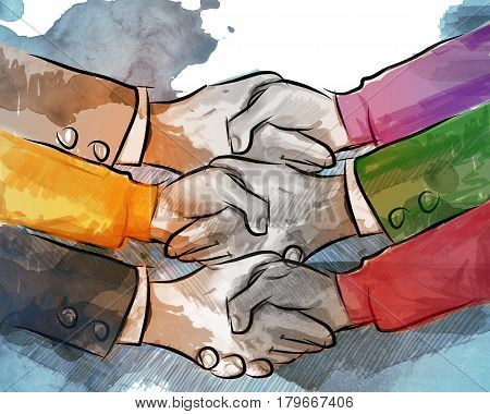 hand shake business concept of partnership deal agreement together lot of hand as a team multilateral trade in color