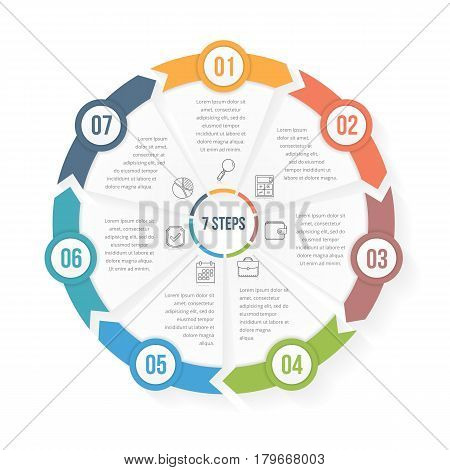 Circle infographic template with seven elements steps or options, workflow or process diagram, data vizualization, vector eps10 illustration