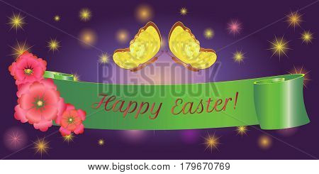 Set ribbon banner for Happy Easter. Ribbon banner with flowers and butterfly. Vector illustration.