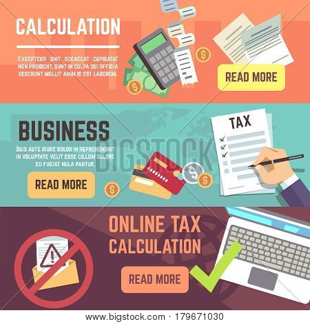 Online tax accountanting, taxation, business finance vector banners set. Tax finance declaration, illustration of tax form