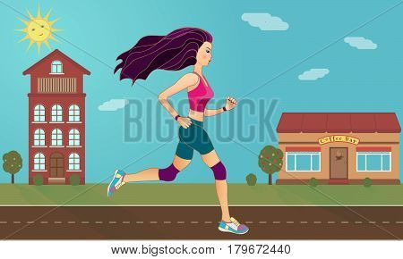 Young pretty girl running on the road town background fitness sport and healthcare concept. Vector illustration.