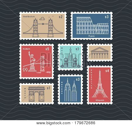 Postage stamps with line travelling city national landmarks vector set. Postmark mail rectangular, illustration of post mark with eiffel tower