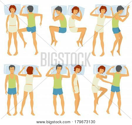 Dreaming man and woman, couple sleeping poses in bed vector collection. Sleep man and woman couple, illustration of pose sleep