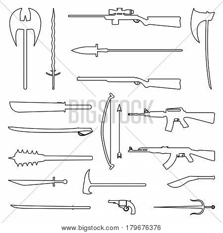18 Weapon Outline Icon. Medieval And Modern. Flat Vector Illustration.
