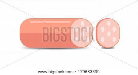 Sausage and a piece. Milk sausage meat semi-finished products. Vector flat