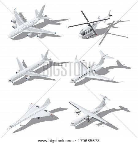 Various passenger aircraft isometric icon set vector graphic illustration