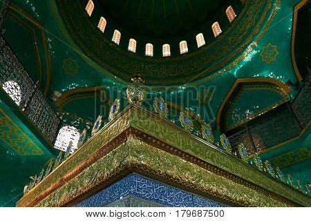 Azerbaijan Baku - 22 March 2017 Bibiheybat Mosque in Islamic republic Baku Azerbaijan. Interior design of the green Muslim Mosque.