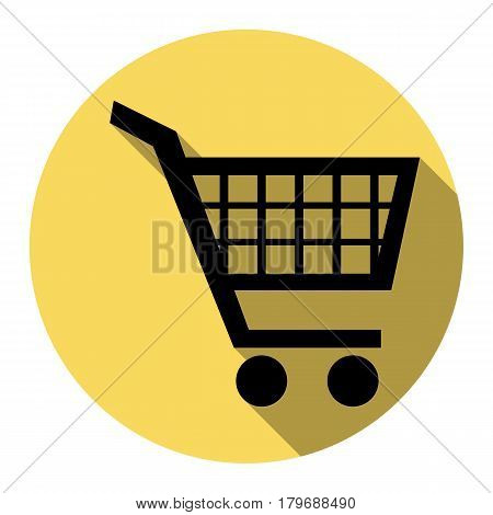 Shopping cart sign. Vector. Flat black icon with flat shadow on royal yellow circle with white background. Isolated.
