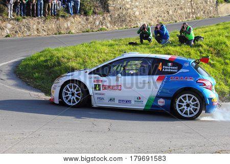 Testico Italy - April 01 2017-64 Di Sanremo Rally: Peugeot 208 T16 conducted by the crew Andreucci-Andreussi (winners of the race), during the second special stage of speed 'timed, from Testico that led to the summit of the Colle D 'Today at.