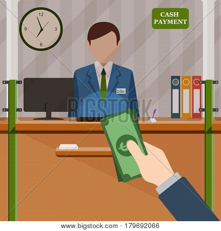 Bank teller behind window. Hand with cash. Depositing money in bank account. Signboard Cash Payment. People service and payment. Vector illustration in flat style