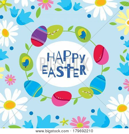 Colorful Happy Easter greeting card with flowers eggs elements composition. Cute Happy Easter greeting card.