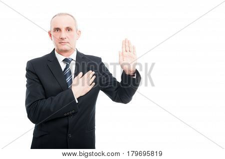 Portrait Of Aged Elegant Man Making Oath Gesture