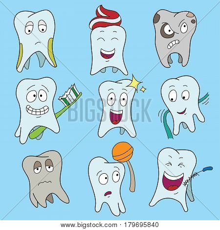 Set of cute tooth showing various emotions, happy shiny white tooth characters symbols, isolated cartoon vector illustration. Teeth Collection Flat Vector Illustration