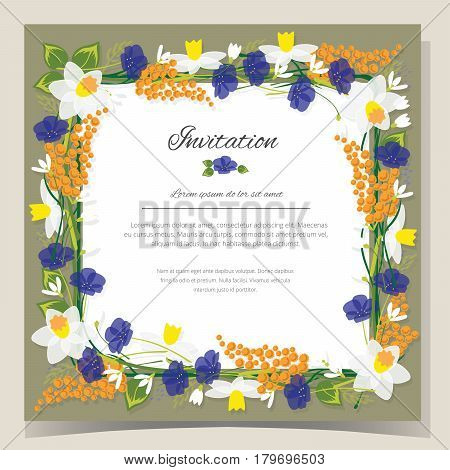 Frame Happy Birthday card. Frame Wedding invitation card with flowers. Vector illustration
