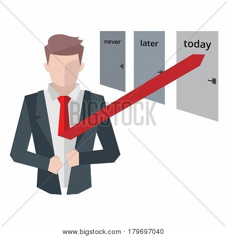 Successful businessman, business situations concept. Working in office, desire to succeed, teamwork and management. Flat vector cartoon illustration isolated on white background.