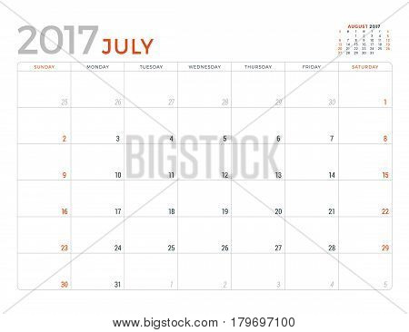2017 Calendar Planner Vector Design Template. July. Week Starts Sunday