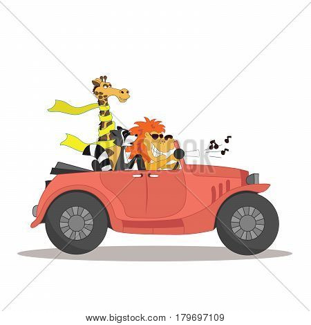 Cute card for child fun cartoon style There are funny animals in the car cabriolet Vector Illustration isolated on white